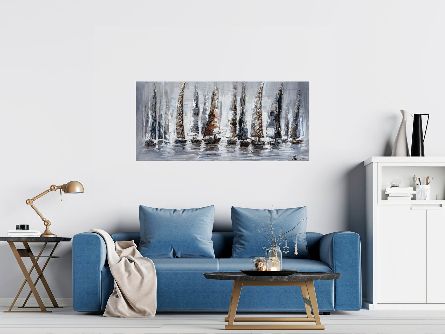 "Gray Sail Boats" Hand Painted on Wrapped Canvas