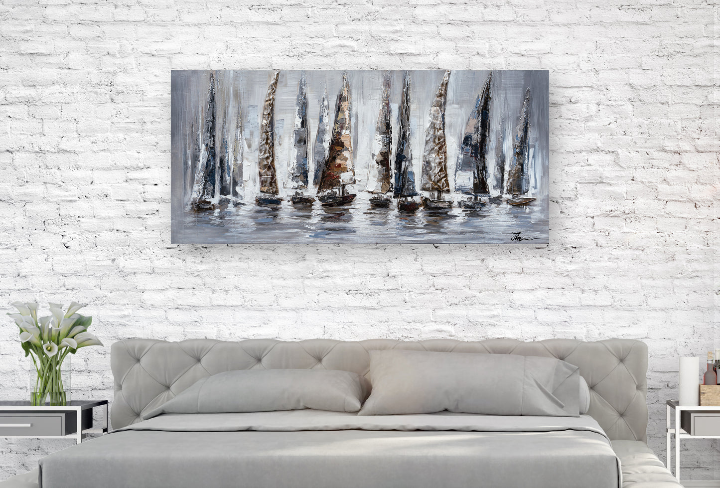 "Gray Sail Boats" Hand Painted on Wrapped Canvas