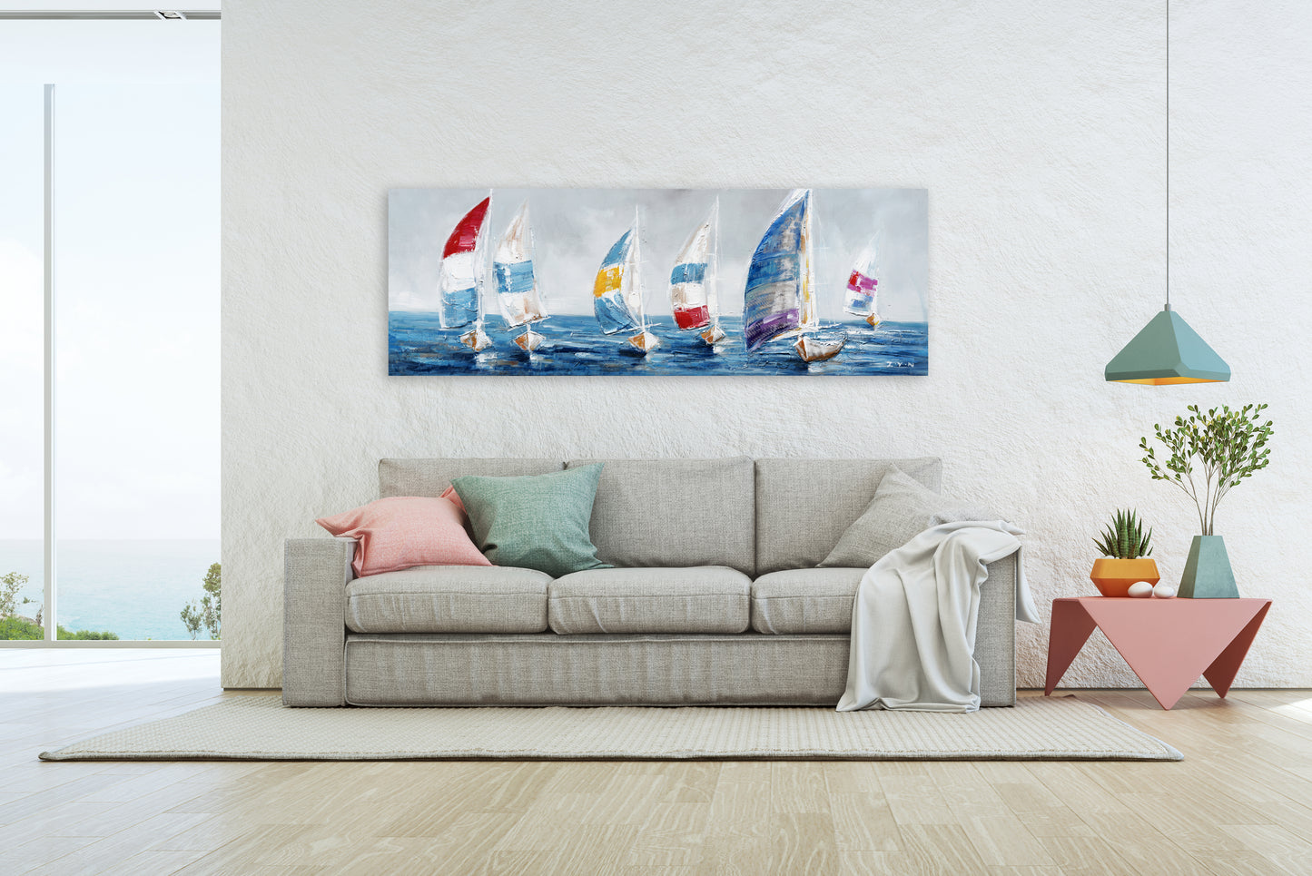 "Colorful Sailboats I" Hand Painted on Wrapped Canvas