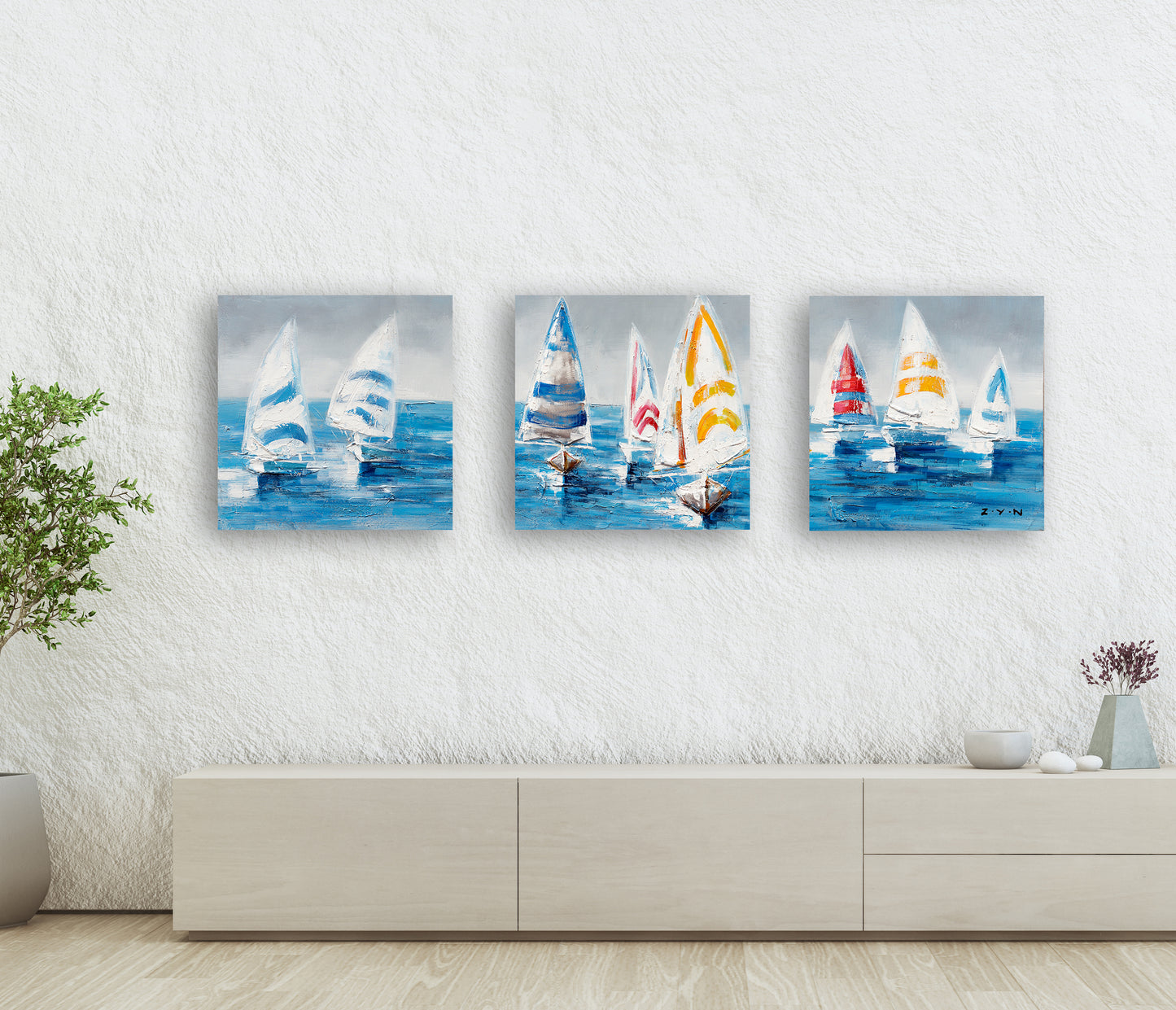 "Colorful Sailboats II" Hand Painted on Wrapped Canvas