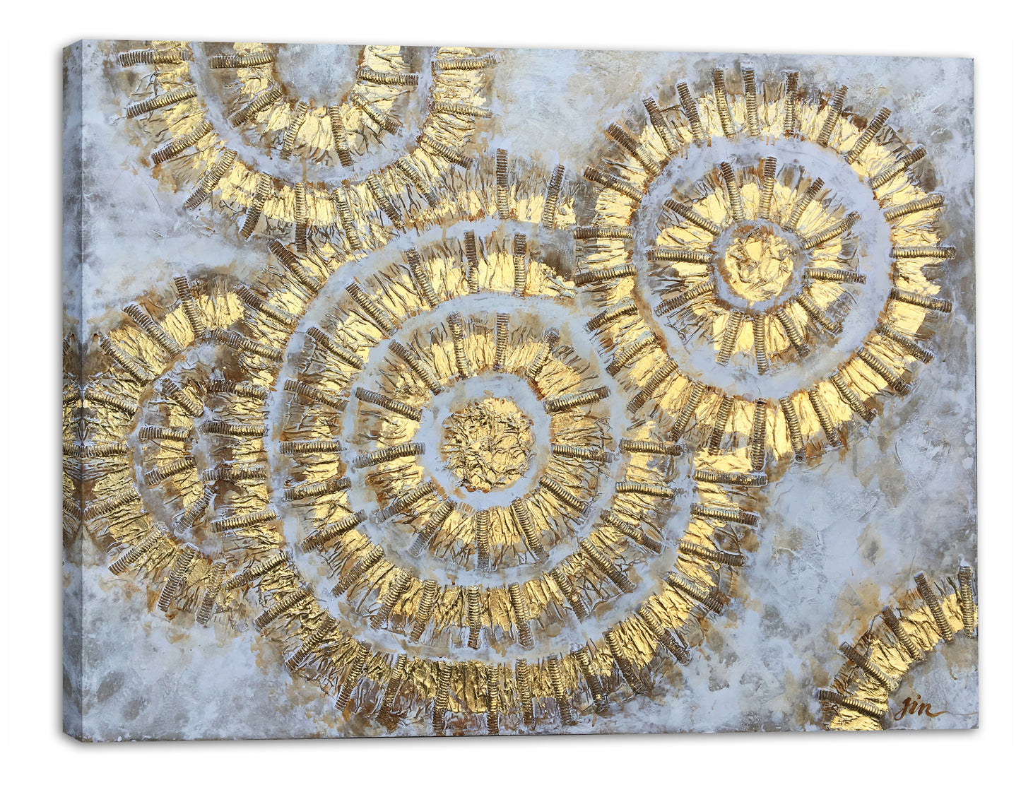 "Shiny Gold Circles Abstract Art" Hand Painted on Wrapped Canvas