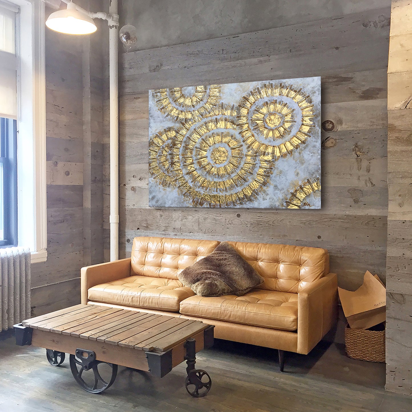 "Shiny Gold Circles Abstract Art" Hand Painted on Wrapped Canvas