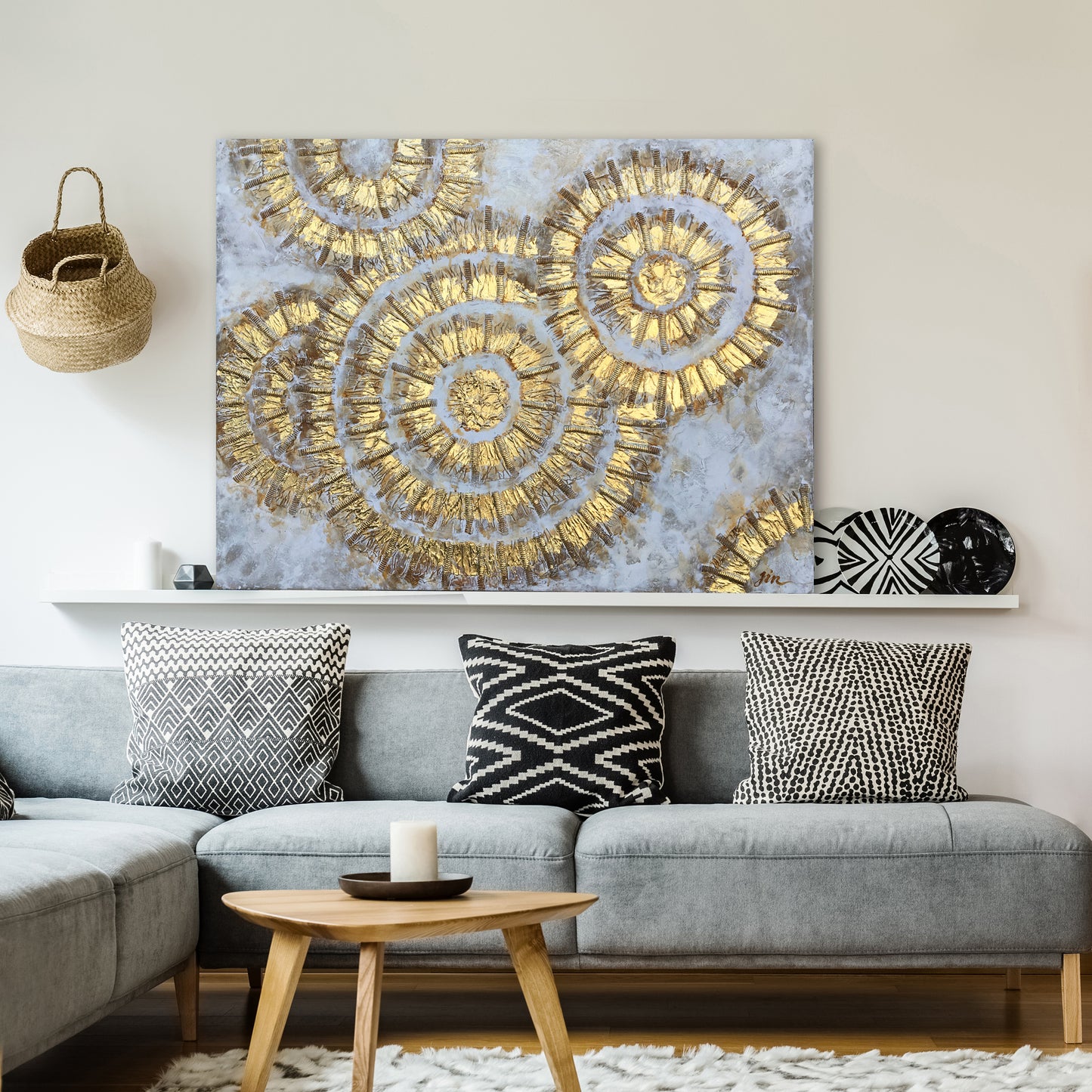 "Shiny Gold Circles Abstract Art" Hand Painted on Wrapped Canvas