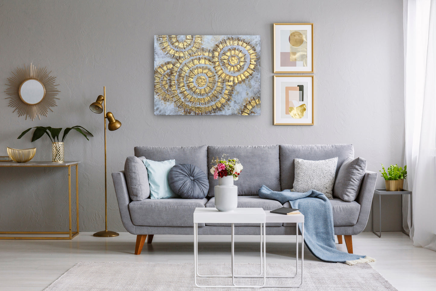 "Shiny Gold Circles Abstract Art" Hand Painted on Wrapped Canvas