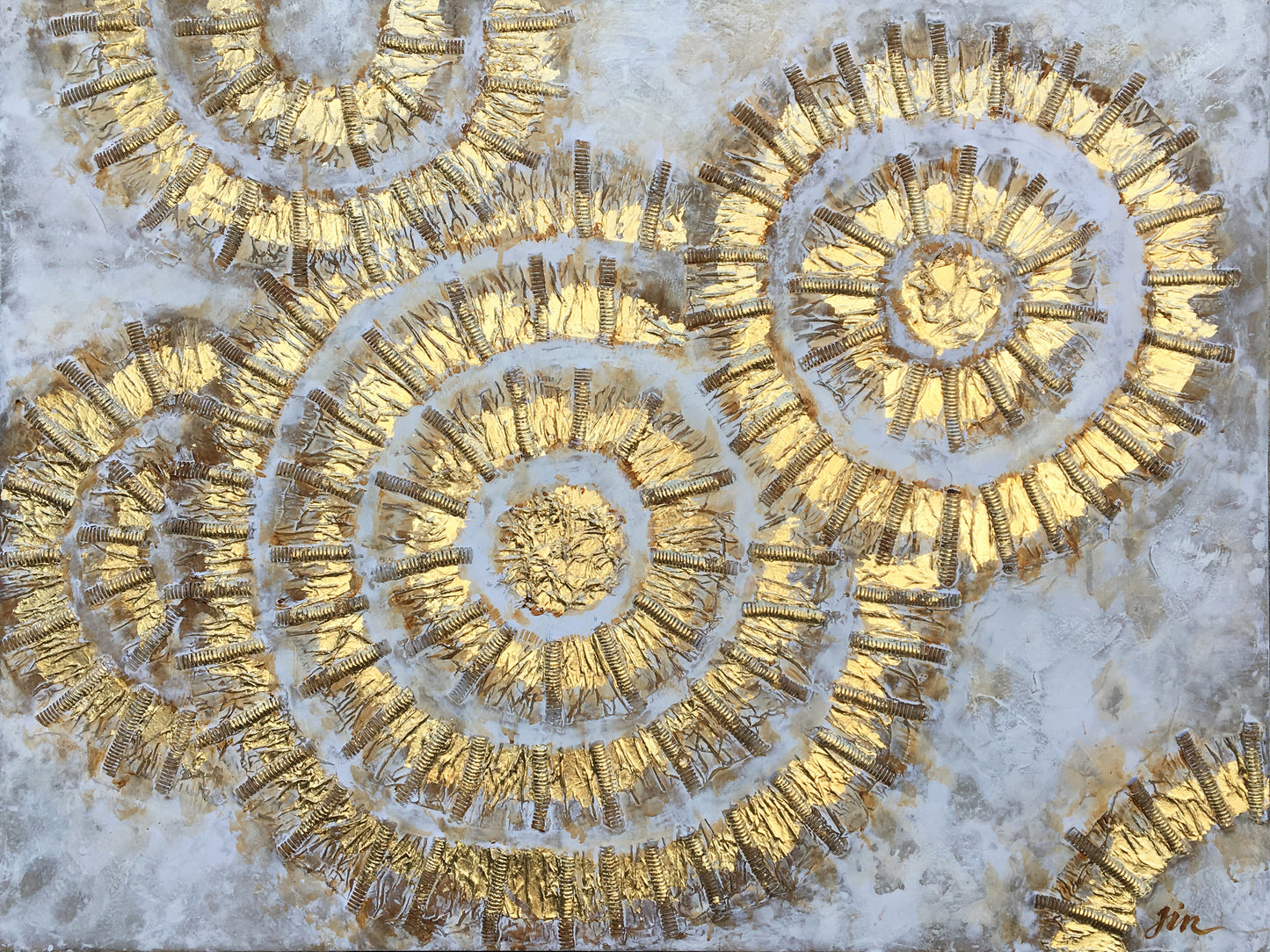 "Shiny Gold Circles Abstract Art" Hand Painted on Wrapped Canvas