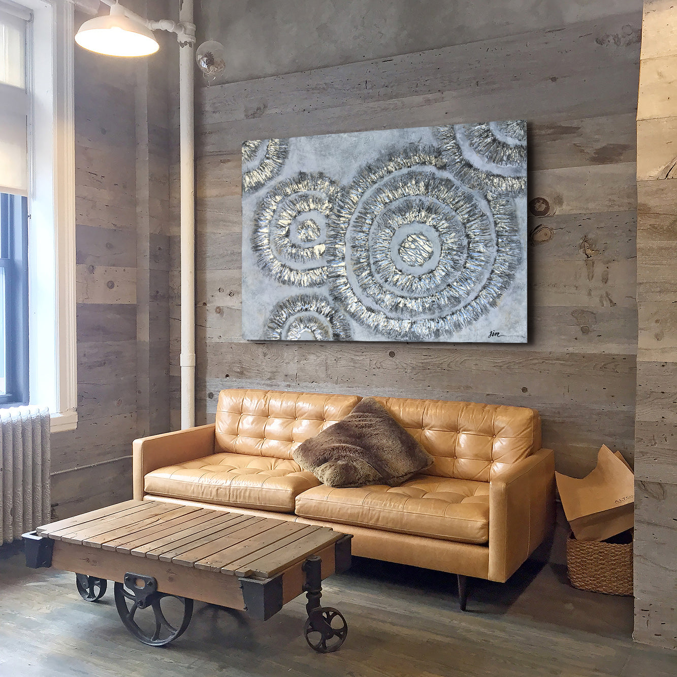 "Shiny Silver Circles" Hand Painted on Wrapped Canvas