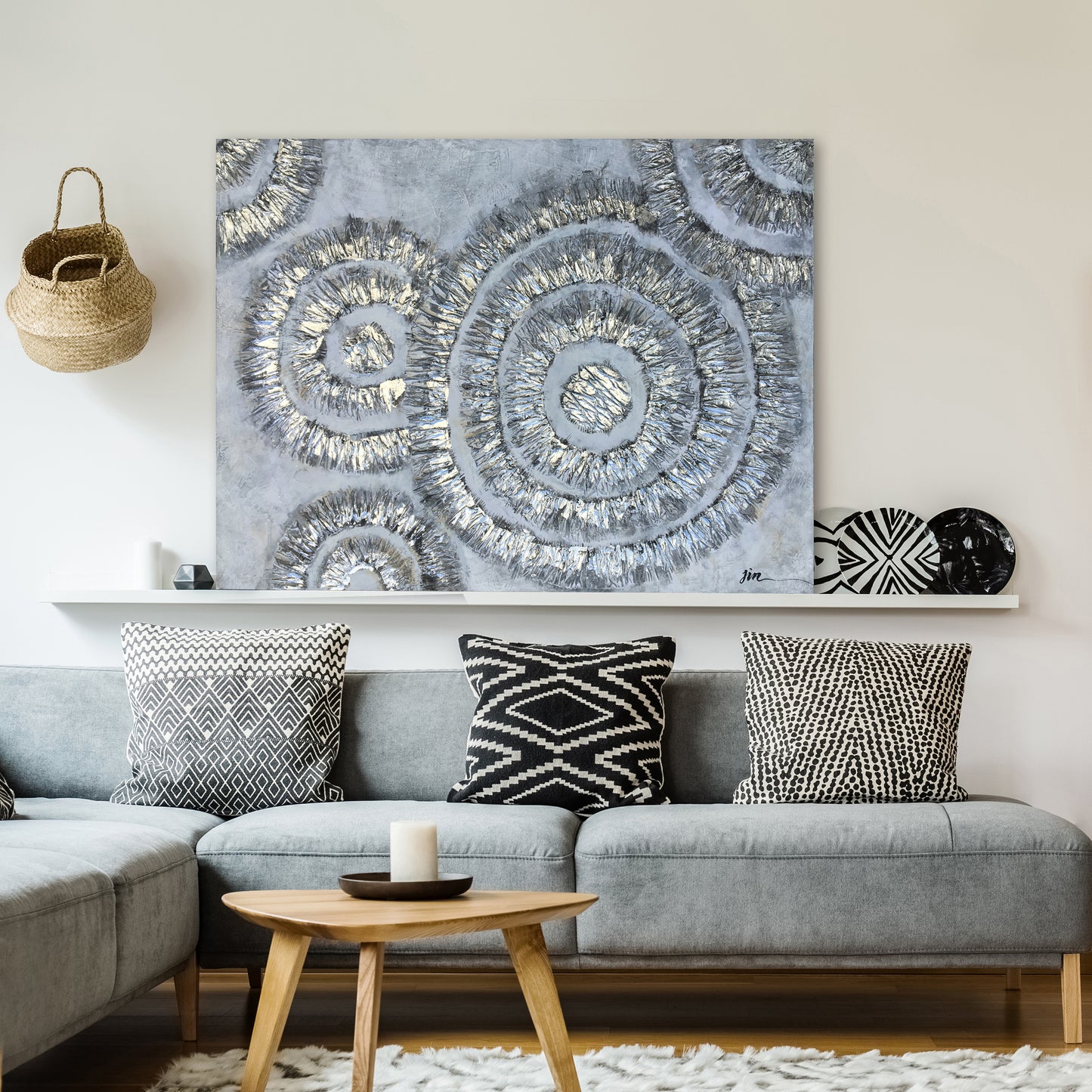 "Shiny Silver Circles" Hand Painted on Wrapped Canvas