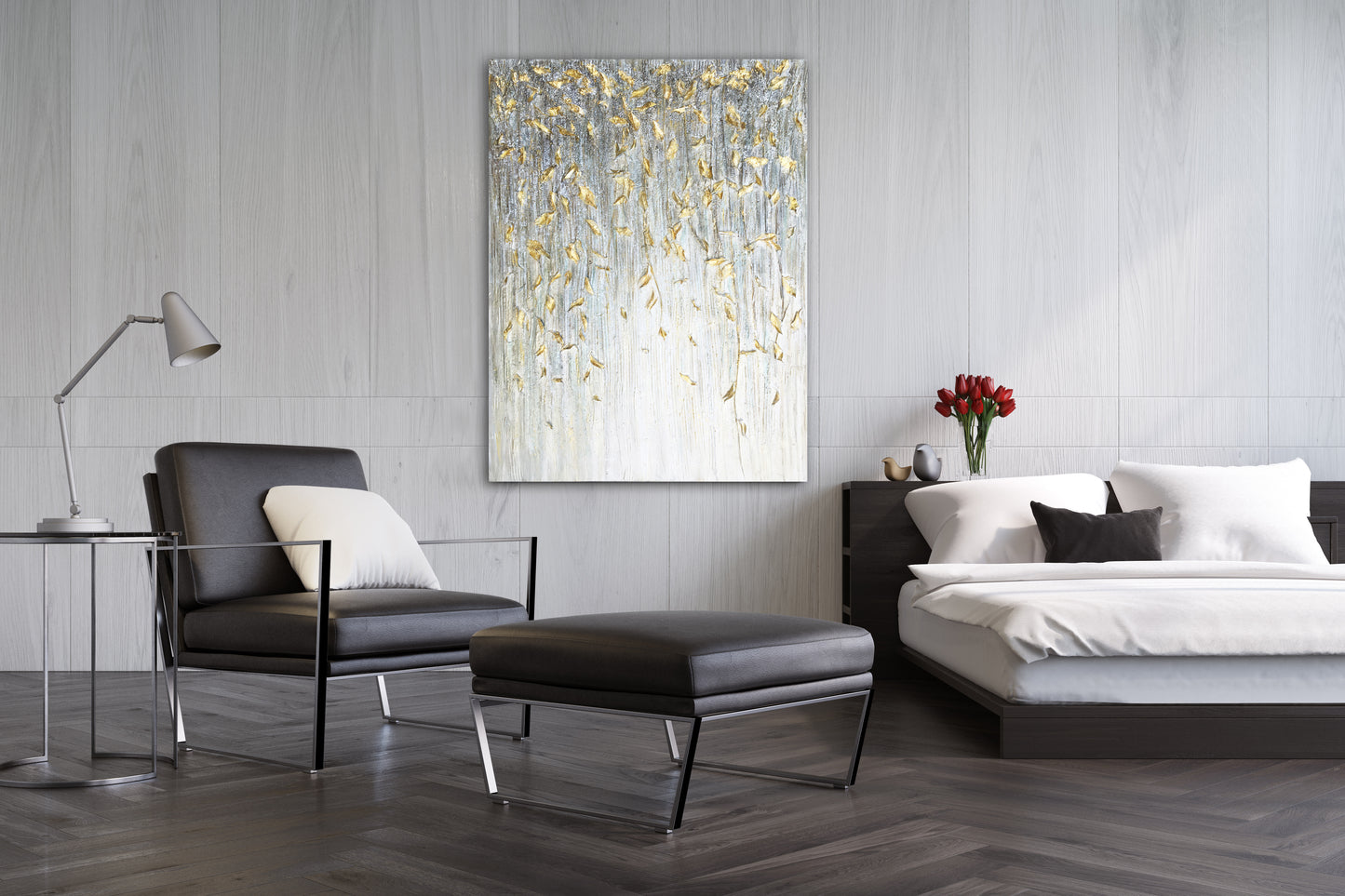 "Dangling Gold Leaves I" Hand Painted on Wrapped Canvas