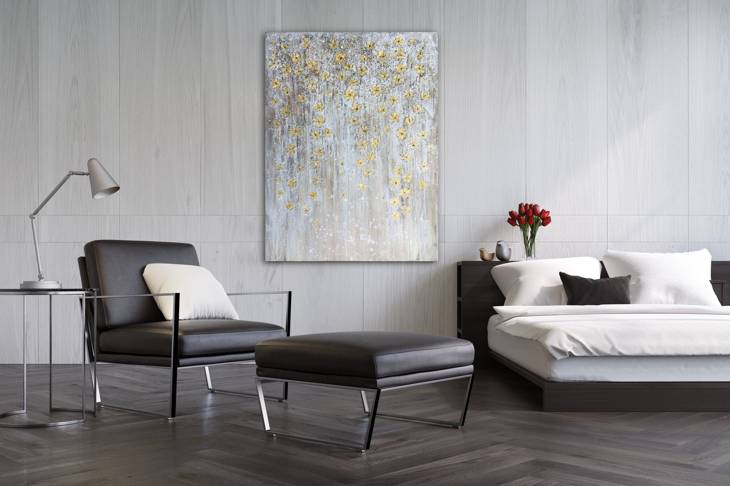 "Dangling Gold Leaves II" Hand Painted on Wrapped Canvas