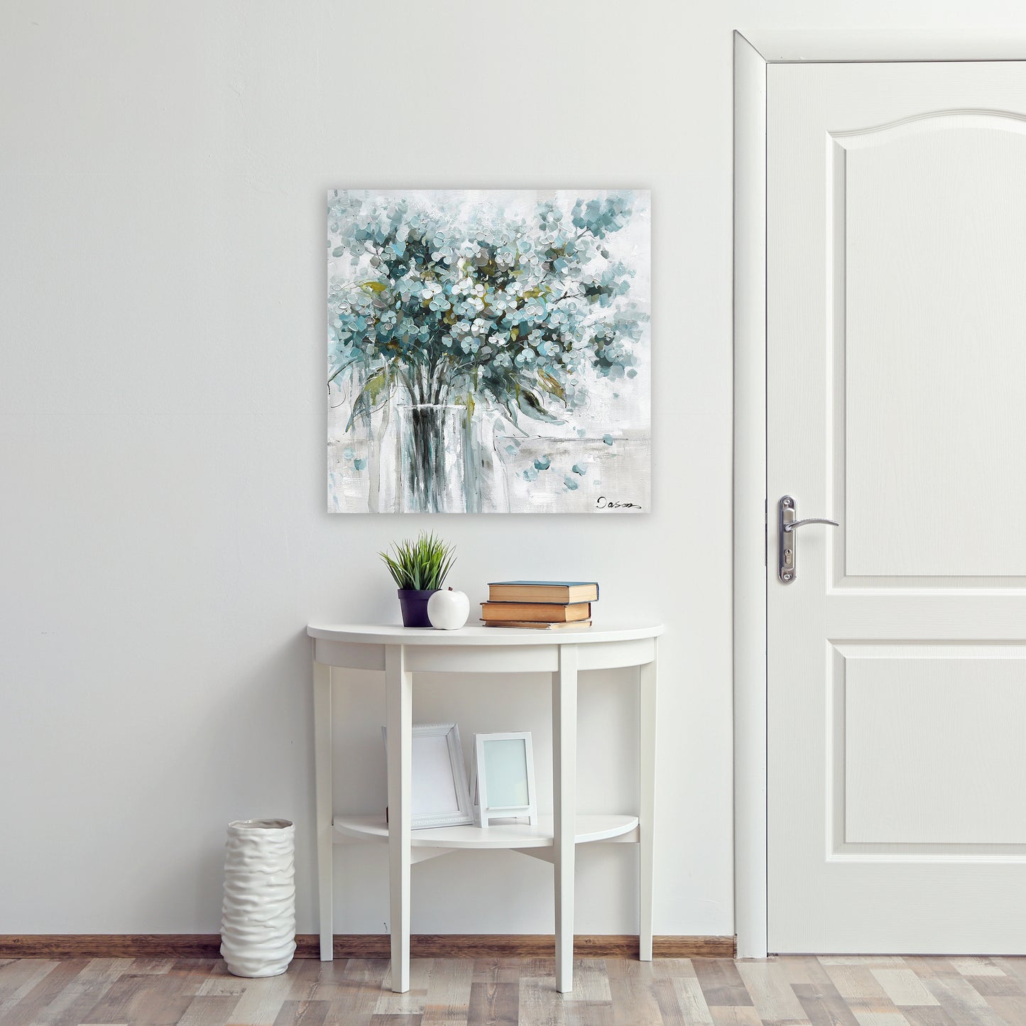 Hand-painted "Blue Flowers in vase " painting original art, Canvas Art for living room, bedroom, bathroom, office - Wrapped Canvas Painting