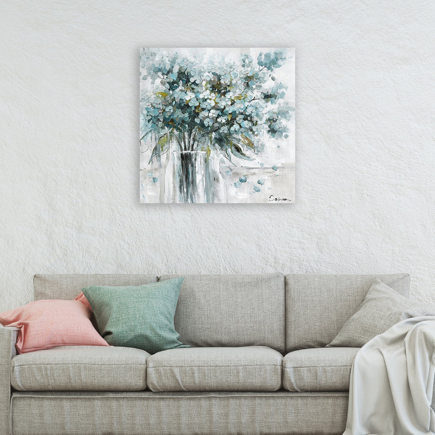 Hand-painted "Blue Flowers in vase " painting original art, Canvas Art for living room, bedroom, bathroom, office - Wrapped Canvas Painting