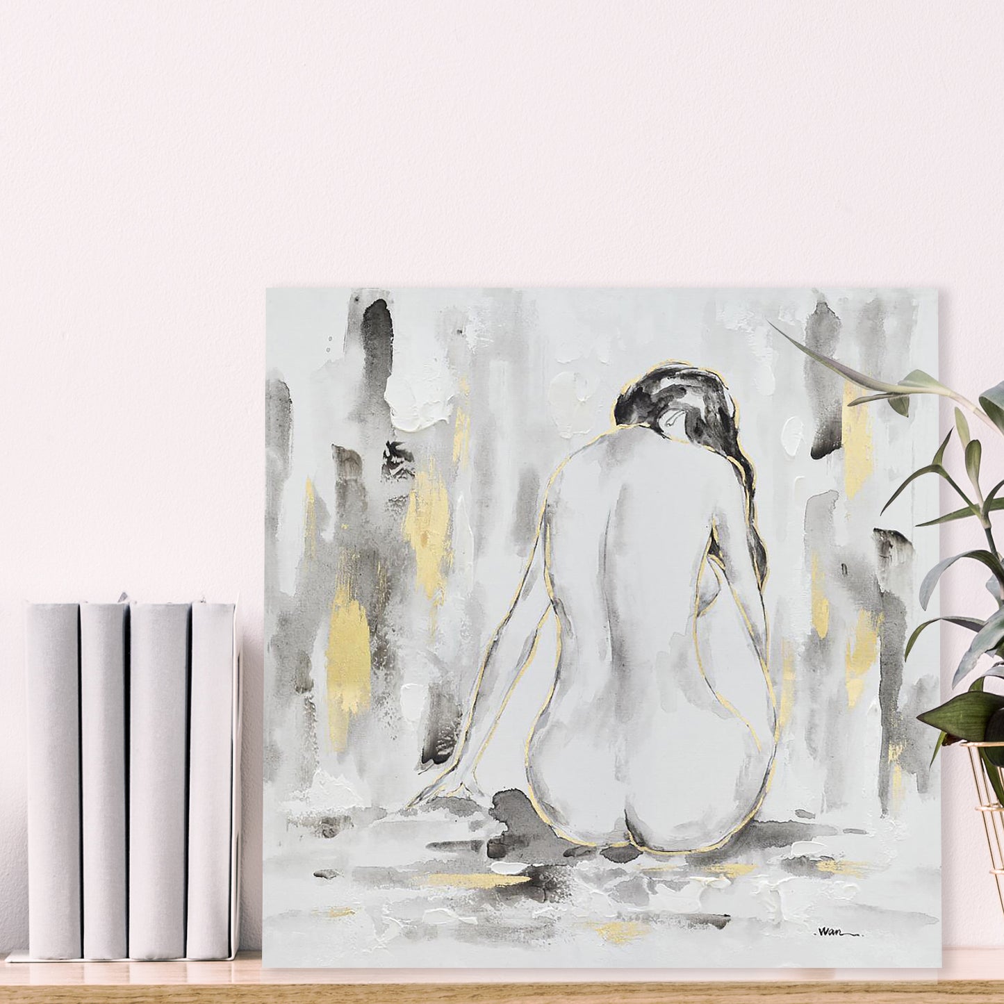 Abstract Hand-painted Art "Golden Nude" painting on canvas original, Wall Art for living room, bedroom, Bar - Wrapped Canvas Painting