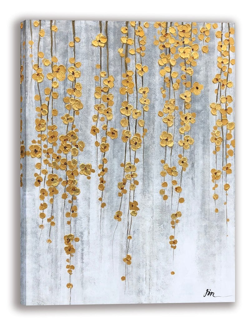 Golden Drift: A Contemporary Hand-Painted Abstract Art of Naturally Drooping Flowers - Wrapped Canvas Painting