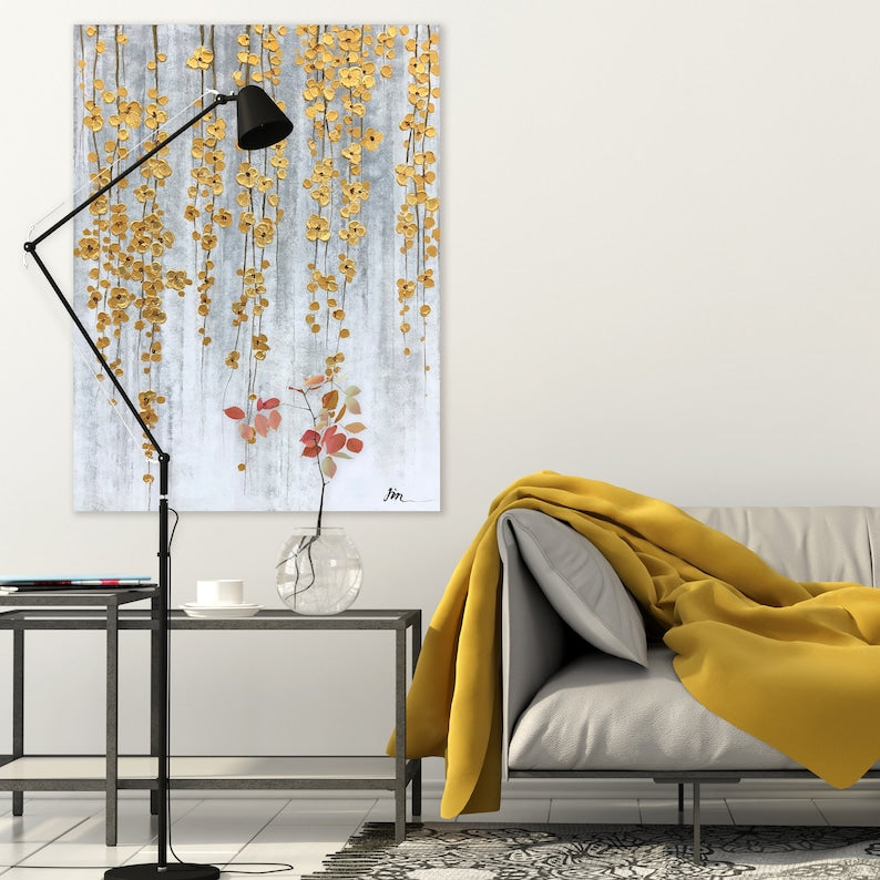 Golden Drift: A Contemporary Hand-Painted Abstract Art of Naturally Drooping Flowers - Wrapped Canvas Painting