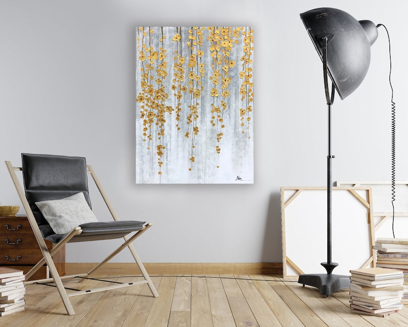 Golden Drift: A Contemporary Hand-Painted Abstract Art of Naturally Drooping Flowers - Wrapped Canvas Painting