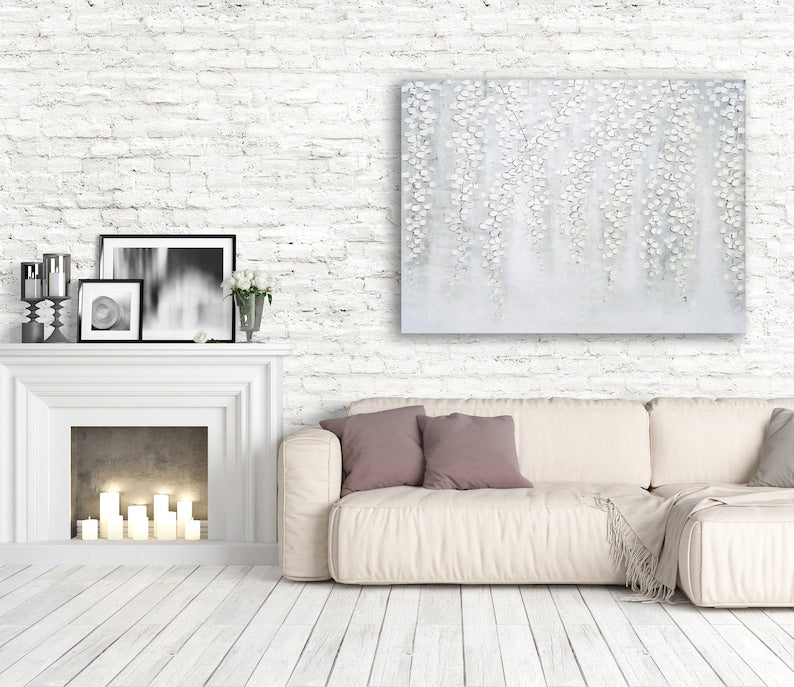 3D Hand-painted "White weeping leaves" Abstract Art, Canvas Artwork, Canvas Wall art for living room,bedroom - Wrapped Canvas Painting
