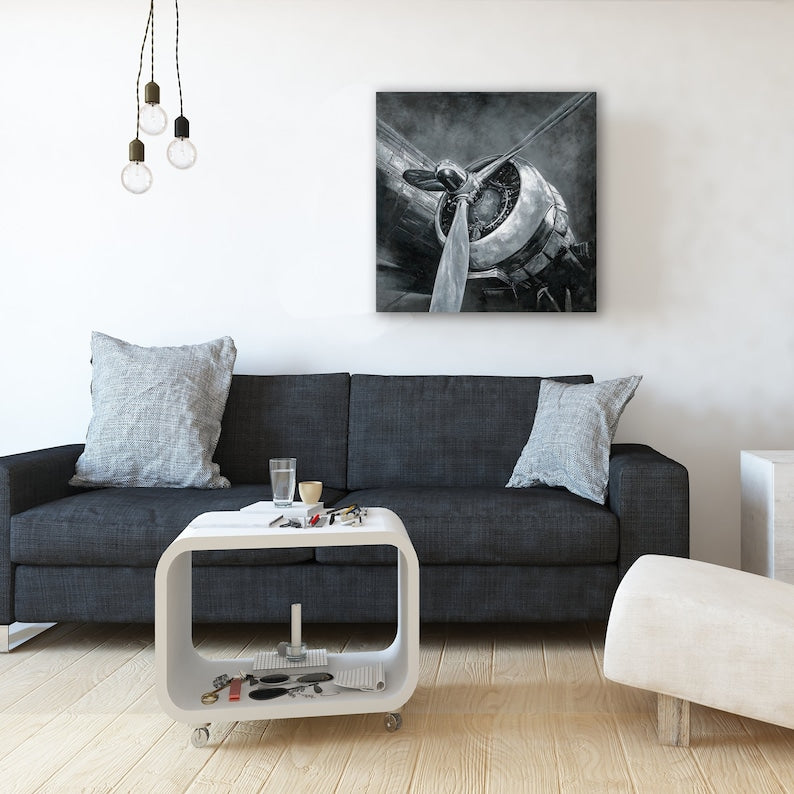 Original art "History Airplane" hand-painted painting on canvas for a living room, bedroom, entryway, bar. - Wrapped Canvas Painting