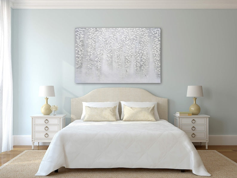 3D Hand-painted "White weeping leaves" Abstract Art, Canvas Artwork, Canvas Wall art for living room,bedroom - Wrapped Canvas Painting