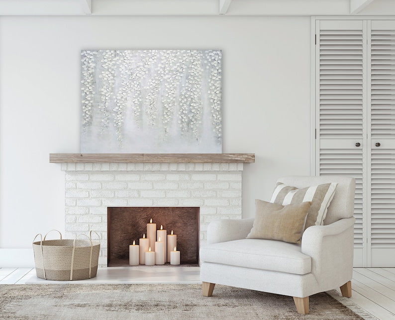 3D Hand-painted "White weeping leaves" Abstract Art, Canvas Artwork, Canvas Wall art for living room,bedroom - Wrapped Canvas Painting