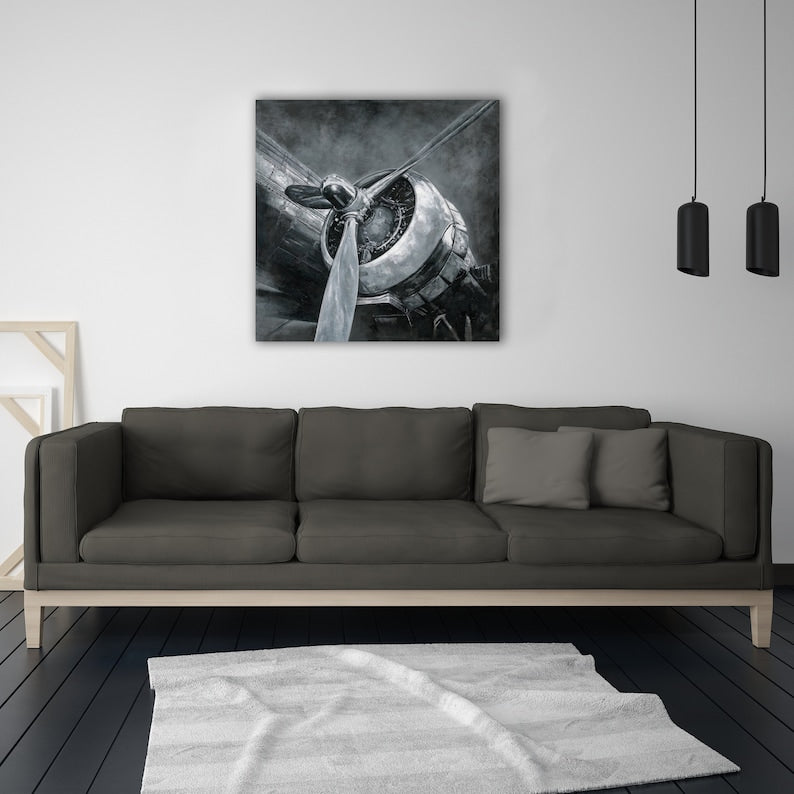 Original art "History Airplane" hand-painted painting on canvas for a living room, bedroom, entryway, bar. - Wrapped Canvas Painting