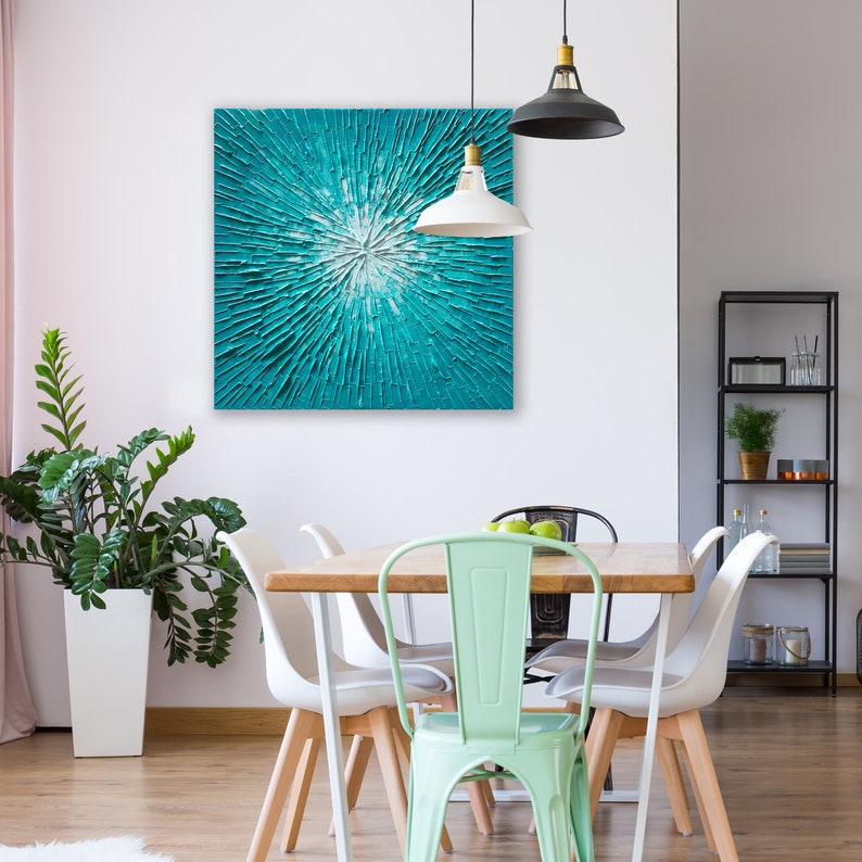 3D Hand Painted Heavy Textured Abstract Art "Blue Sky in Square Design" painting on canvas original - Wrapped Canvas Painting