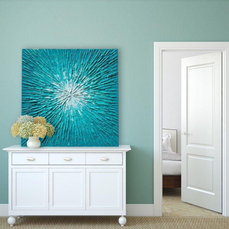 3D Hand Painted Heavy Textured Abstract Art "Blue Sky in Square Design" painting on canvas original - Wrapped Canvas Painting