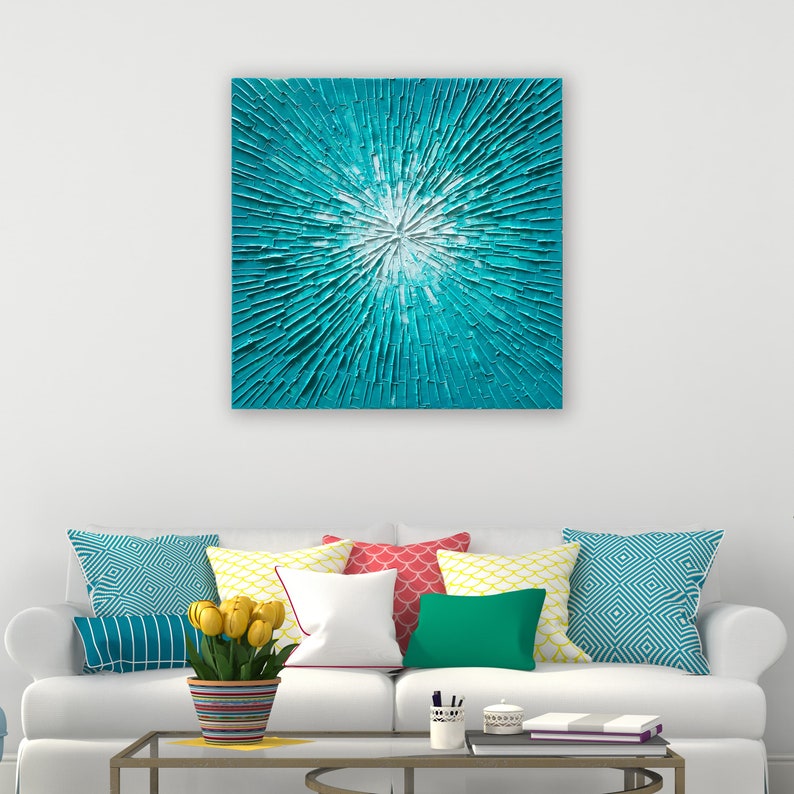3D Hand Painted Heavy Textured Abstract Art "Blue Sky in Square Design" painting on canvas original - Wrapped Canvas Painting