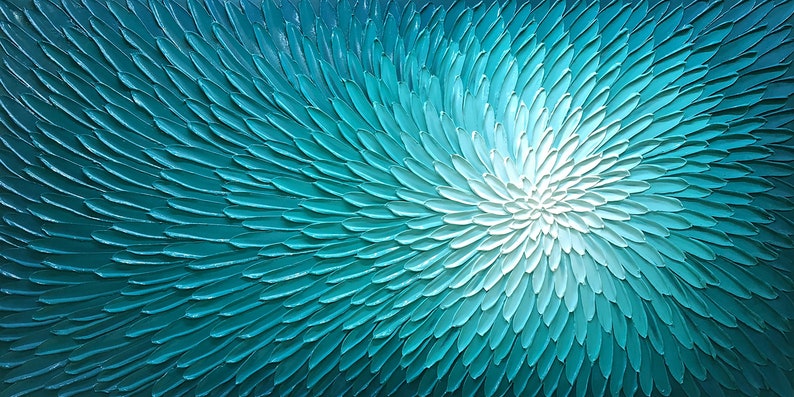 Abstract Hand-painted "3D texture Blue Lotus" Oil painting Large Size, Wall art for living room, bedroom, office - Wrapped Canvas Painting