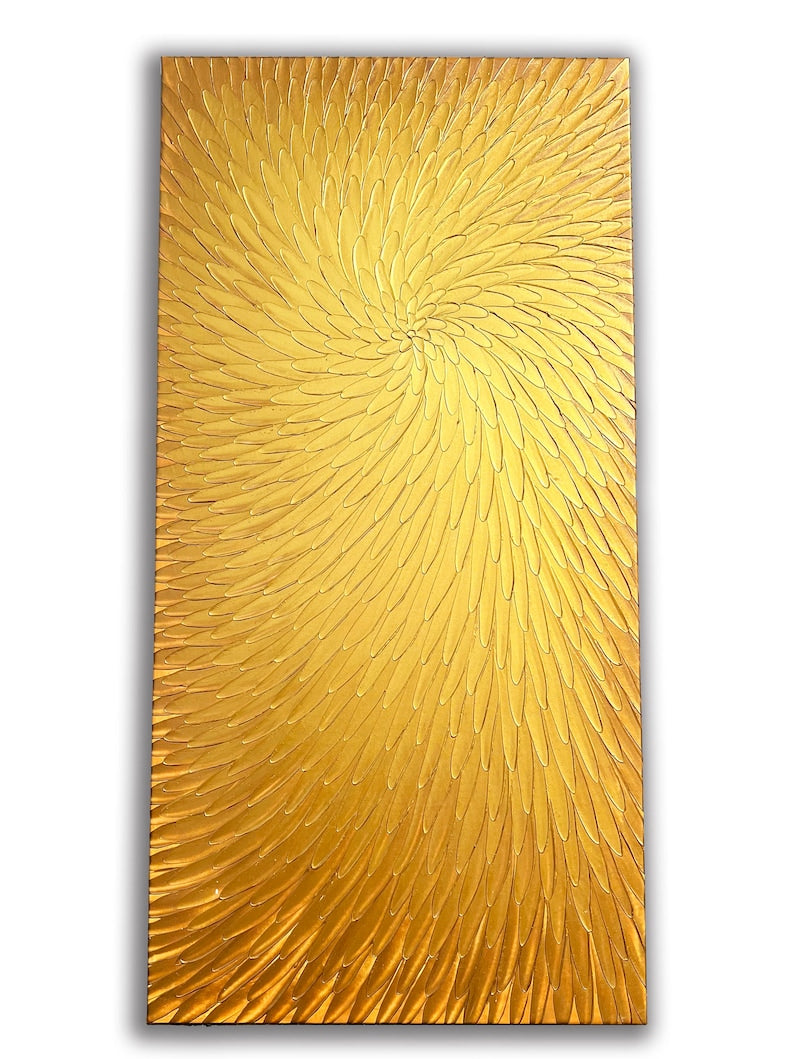 Abstract Hand-painted "Golden Lotus" 3D texture Oil painting original, Wall art for living room, bedroom, office - Wrapped Canvas Painting