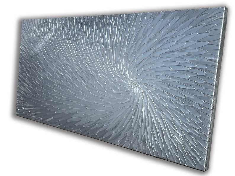 Abstract Hand-painted "Silver Lotus" 3D texture Oil painting original, Wall art for living room, bedroom, office - Wrapped Canvas Painting