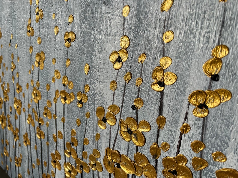 Abstract Hand-painted "Golden Blooms: A Celebration of Nature's Vitality" Oil painting, Modern artwork- Wrapped Canvas Painting