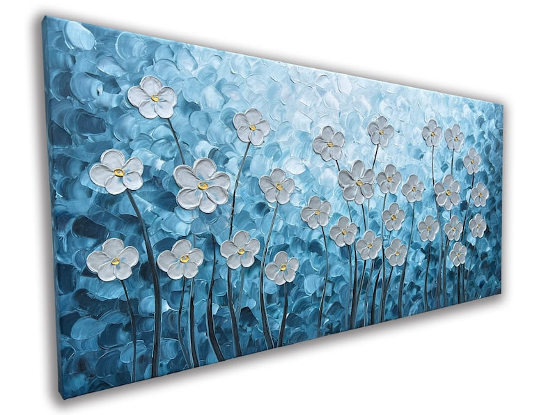 Abstract Hand Painted "Silver Flowers on Blue Background" Oil Painting, Modern Artwork - Wrapped Canvas Painting