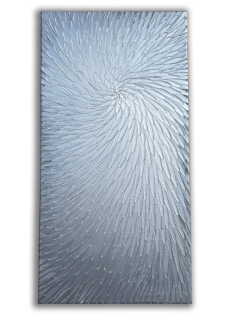 Abstract Hand-painted "Silver Lotus" 3D texture Oil painting original, Wall art for living room, bedroom, office - Wrapped Canvas Painting