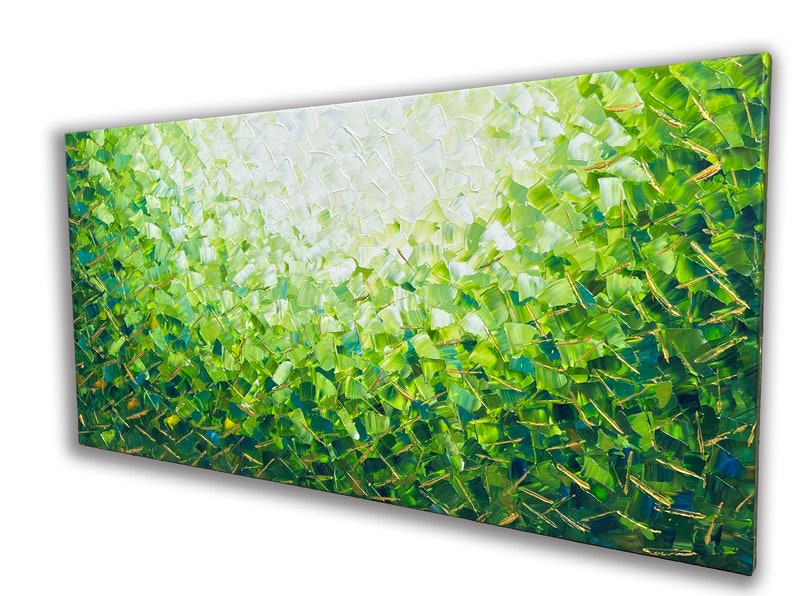 Abstract Hand-painted "Emerald Serenity: A Study of Sunlight and Water" Oil painting, Modern artwork- Wrapped Canvas Painting