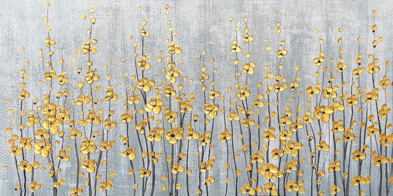 Abstract Hand-painted "Golden Blooms: A Celebration of Nature's Vitality" Oil painting, Modern artwork- Wrapped Canvas Painting