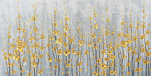 Abstract Hand-painted "Golden Blooms: A Celebration of Nature's Vitality" Oil painting, Modern artwork- Wrapped Canvas Painting