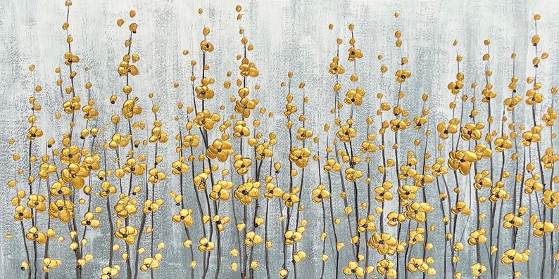 Abstract Hand-painted "Golden Blooms: A Celebration of Nature's Vitality" Oil painting, Modern artwork- Wrapped Canvas Painting