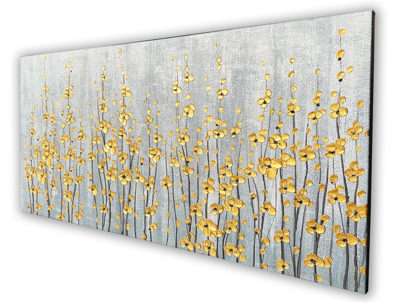 Abstract Hand-painted "Golden Blooms: A Celebration of Nature's Vitality" Oil painting, Modern artwork- Wrapped Canvas Painting
