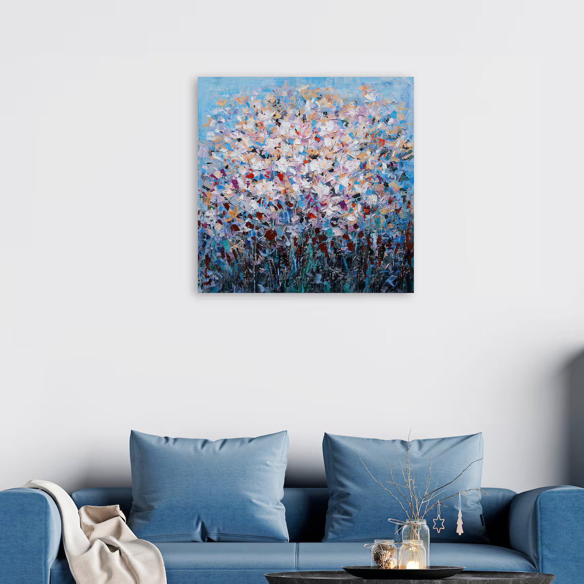 Hand-painted "Blue Flowers in clusters" original art, Wall Art for Living Room, Bedroom Office - Wrapped Canvas Painting