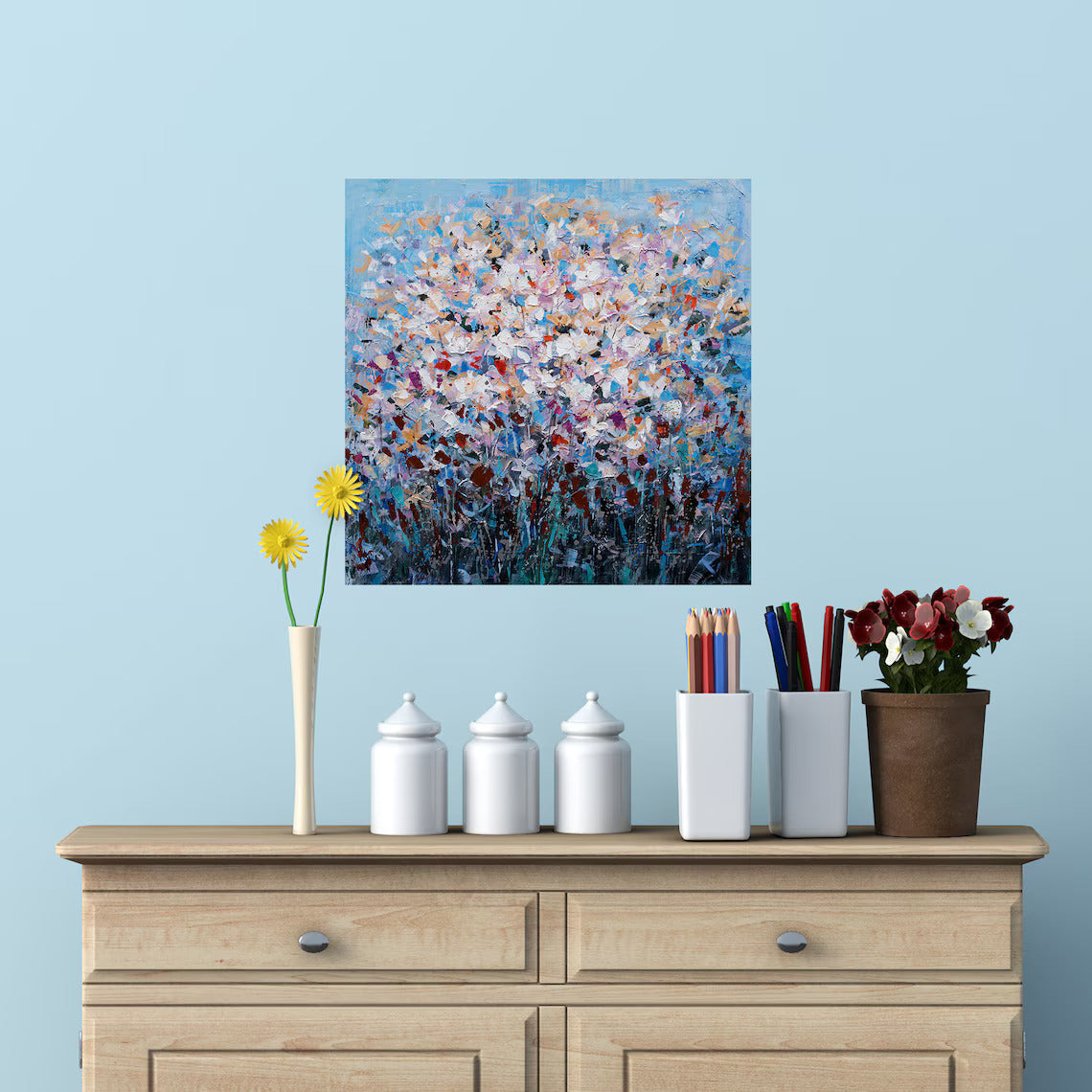 Hand-painted "Blue Flowers in clusters" original art, Wall Art for Living Room, Bedroom Office - Wrapped Canvas Painting