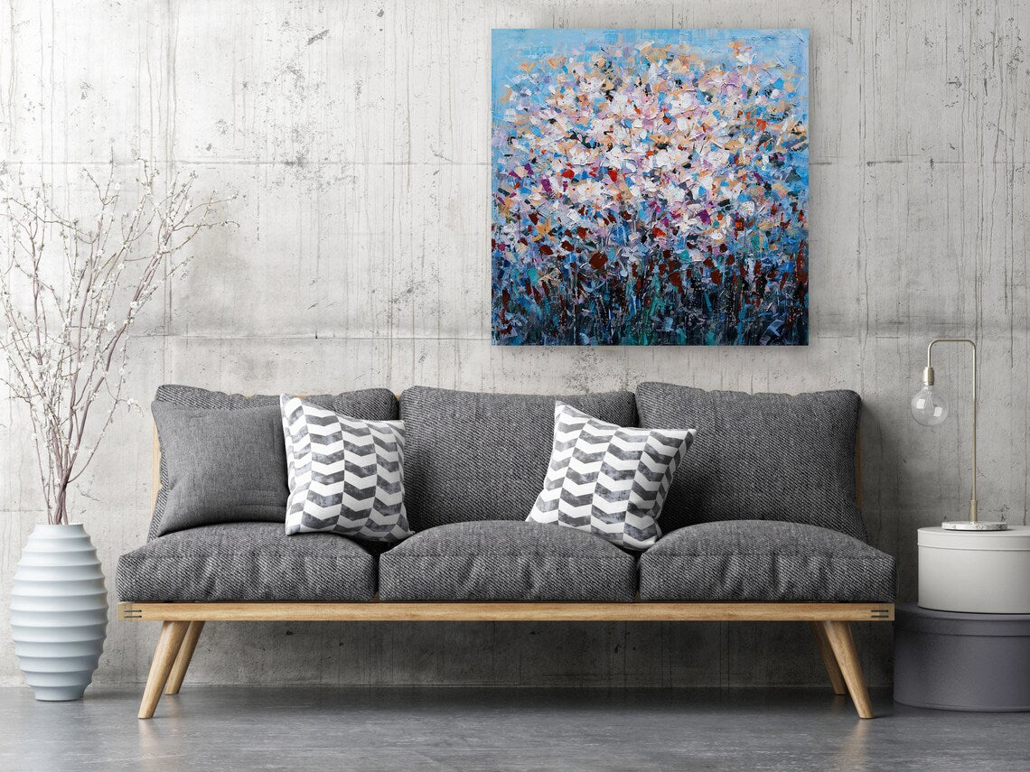 Hand-painted "Blue Flowers in clusters" original art, Wall Art for Living Room, Bedroom Office - Wrapped Canvas Painting