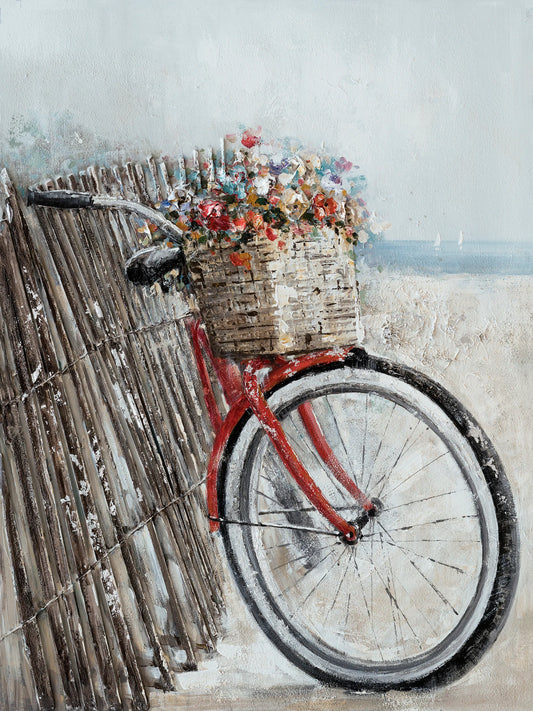 Hand Painted "Bicycle Full of Flowers" coastal original artwork, Canvas wall art for living room, entryway - Wrapped Canvas Painting