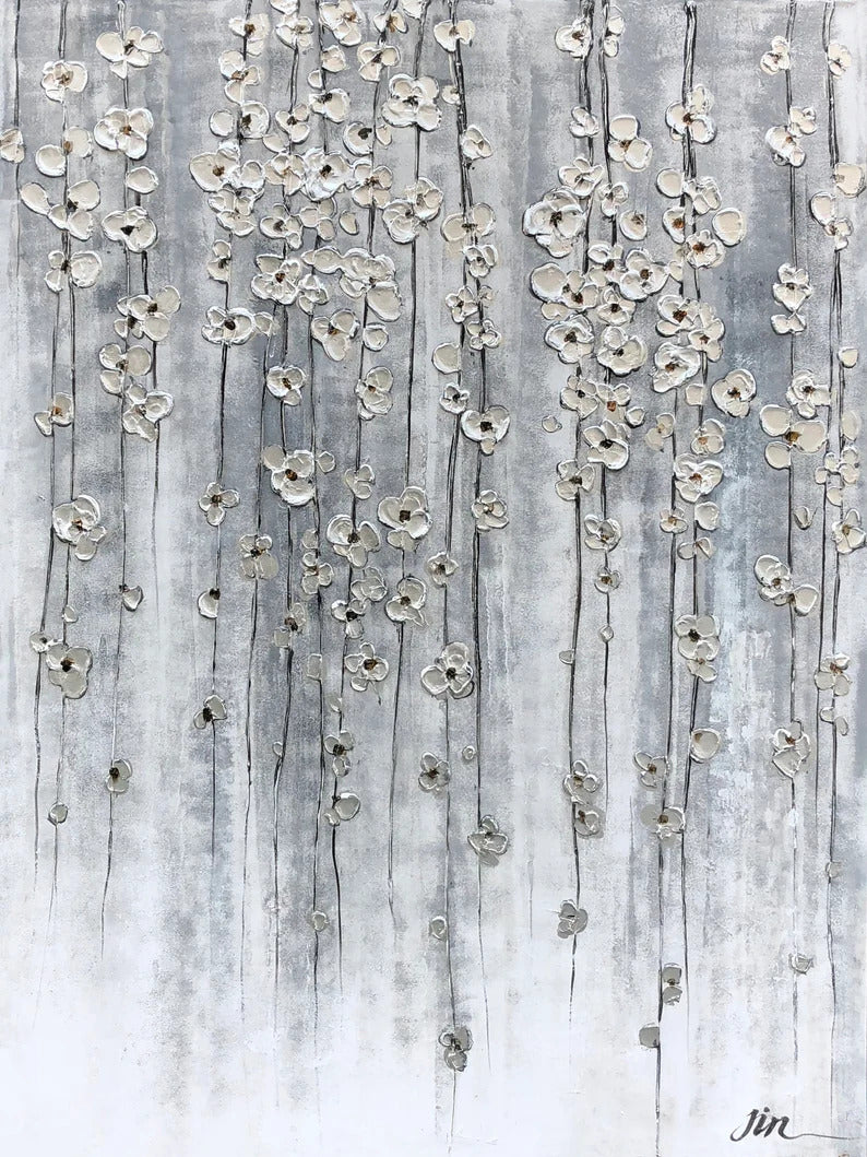 Abstract art "Ethereal Silver Blossoms" Hand Painted painting on canvas original, Canvas wall art - Wrapped Canvas Painting