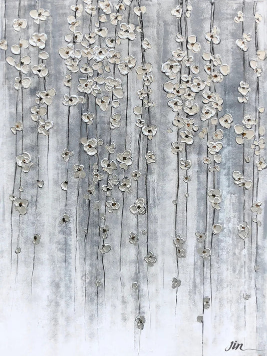 Abstract art "Ethereal Silver Blossoms" Hand Painted painting on canvas original, Canvas wall art - Wrapped Canvas Painting