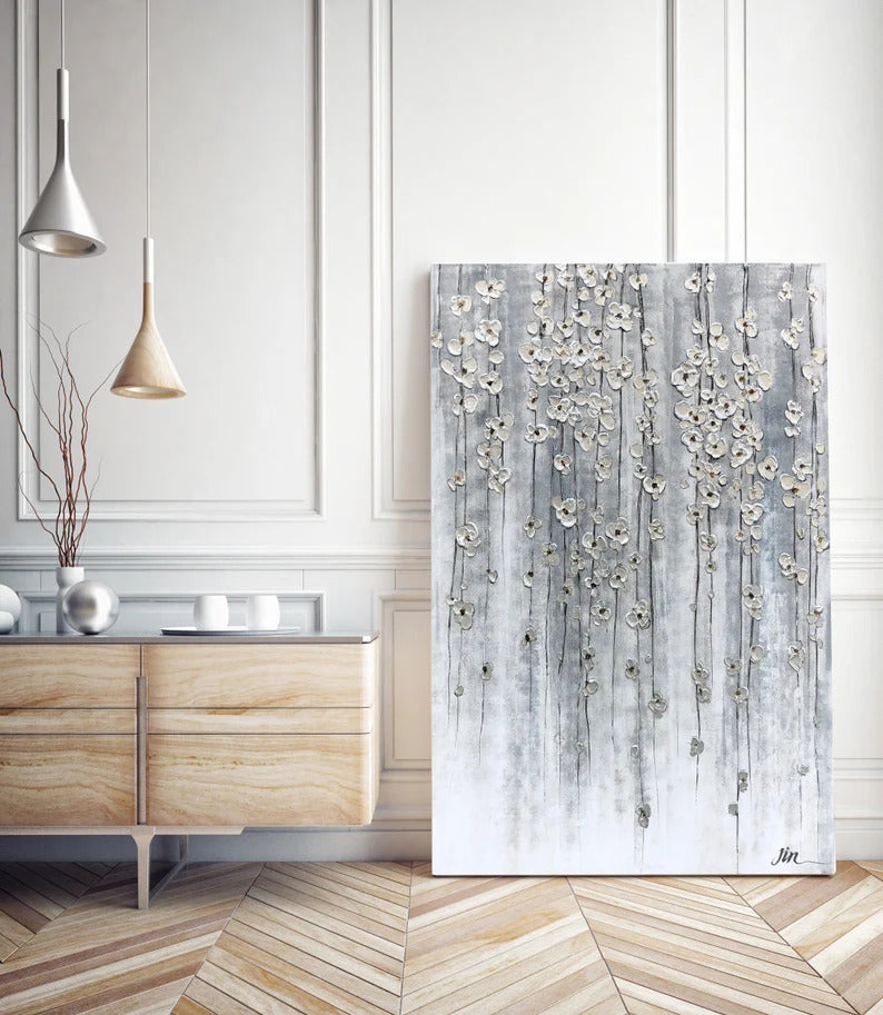 Abstract art "Ethereal Silver Blossoms" Hand Painted painting on canvas original, Canvas wall art - Wrapped Canvas Painting
