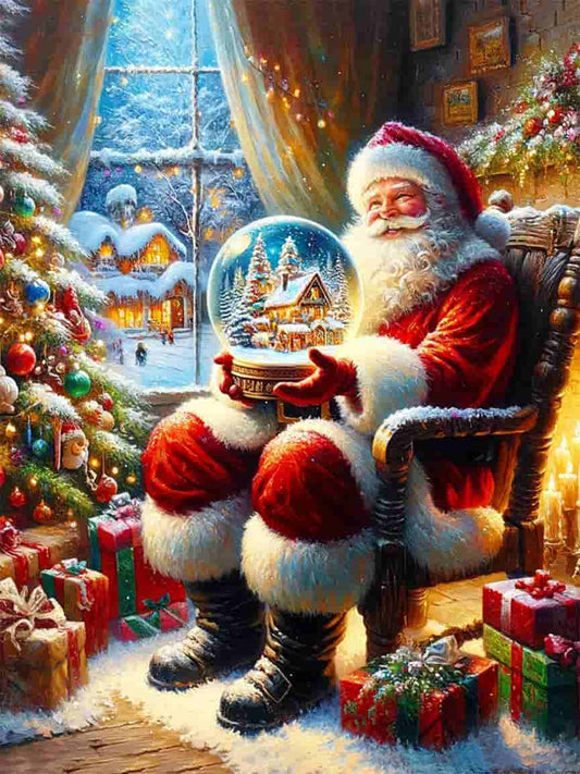 "Holiday Magic Unfolded" Santa with Snow Globe Canvas Wall Art - Wrapped Canvas Prints