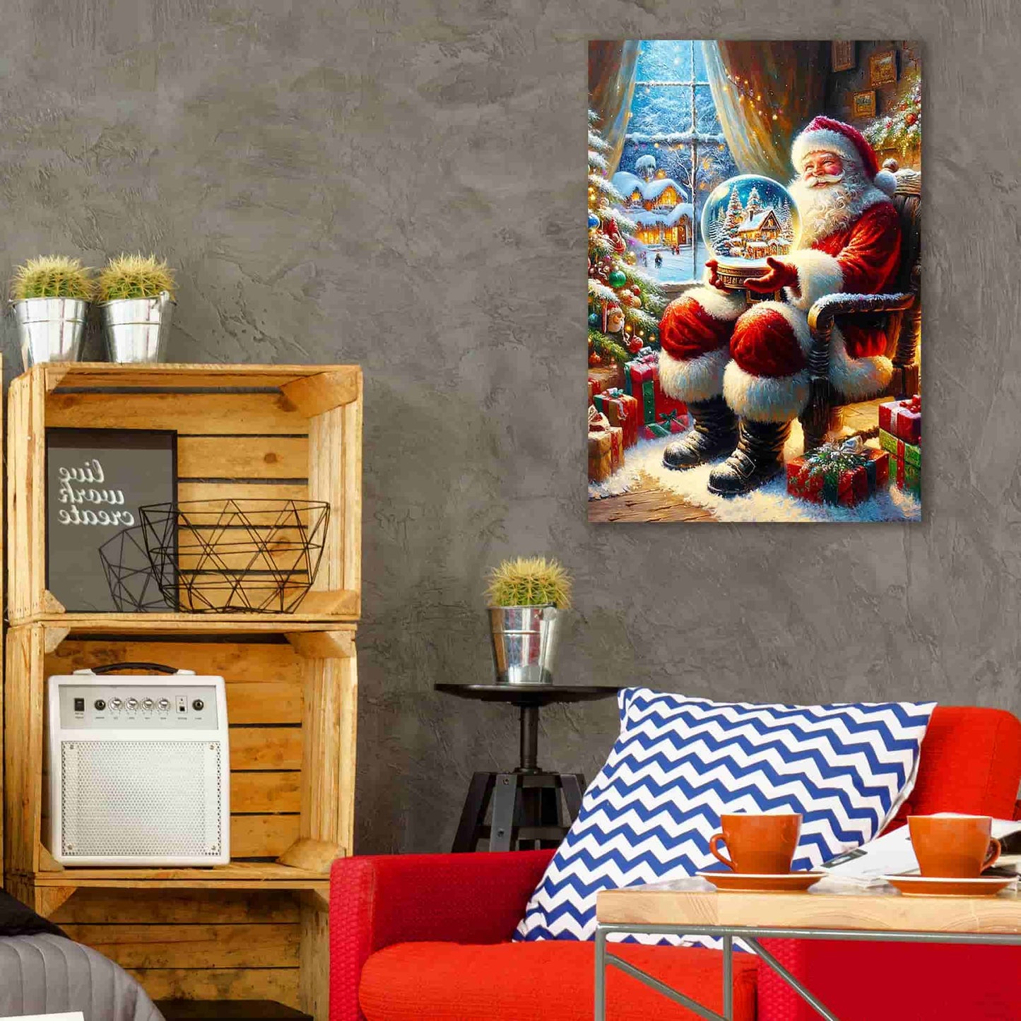 "Holiday Magic Unfolded" Santa with Snow Globe Canvas Wall Art - Wrapped Canvas Prints
