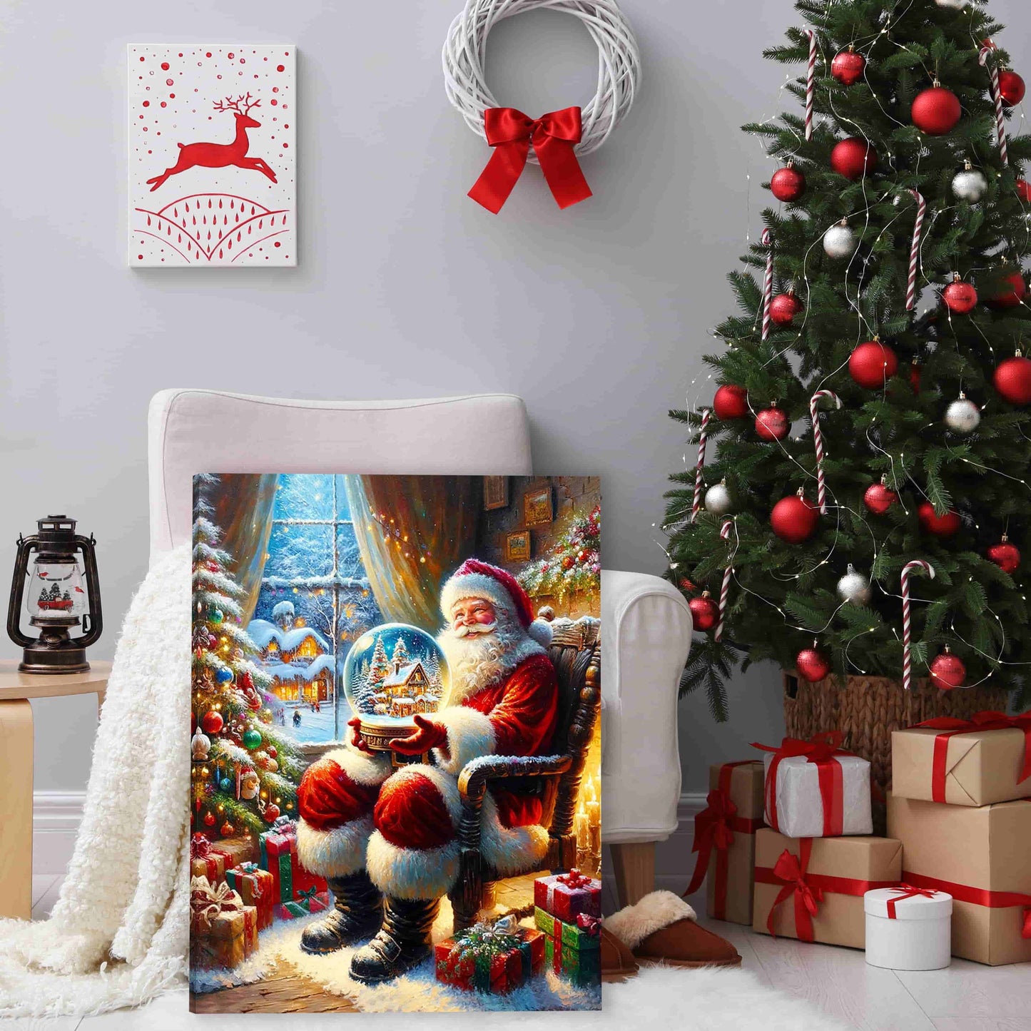 "Holiday Magic Unfolded" Santa with Snow Globe Canvas Wall Art - Wrapped Canvas Prints