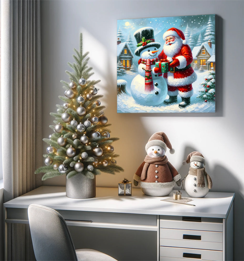 "Winter's Joyful Exchange : Santa and Snowman" - Wrapped Canvas Art Prints