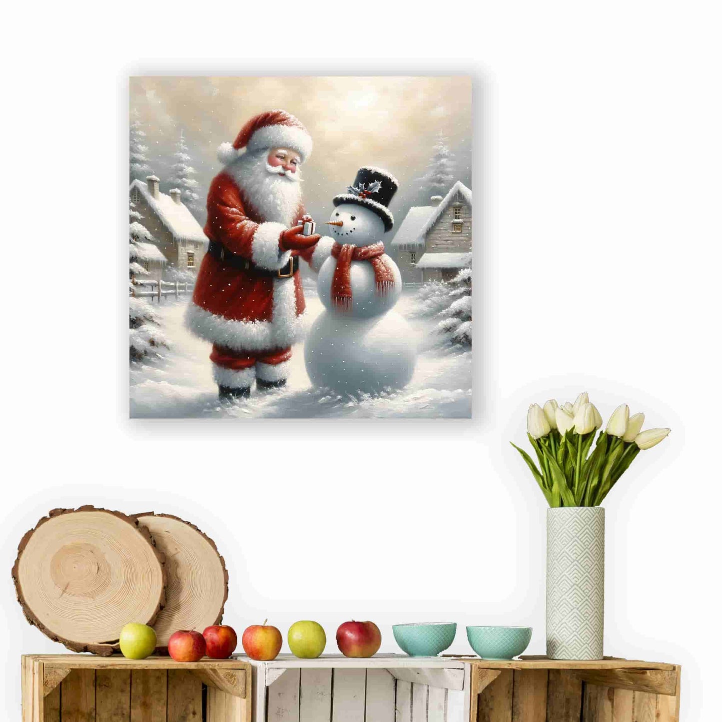 "Gift of Winter Cheer - Santa and Snowman's Gentle Moment" Wrapped Canvas wall art Prints